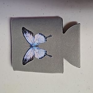 Gray koozie with blue butterfly